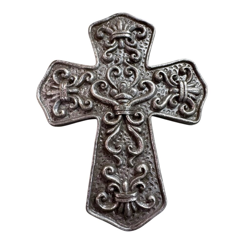 Rustic Silver Wall Cross Ornate Design Scrolls 8” x 7” Decorative Religious Home